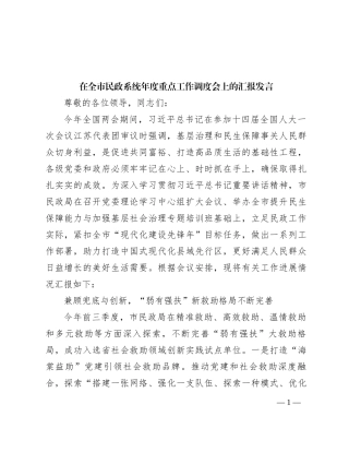 在全市民政系统年度重点工作调度会上的汇报发言