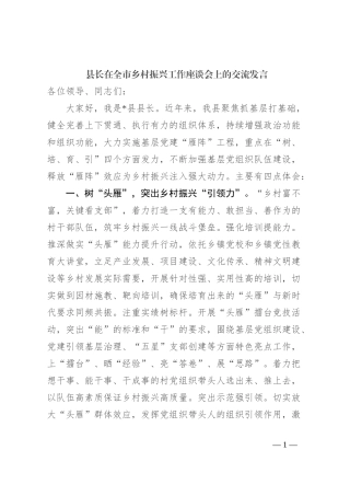 县长在全市乡村振兴工作座谈会上的交流发言