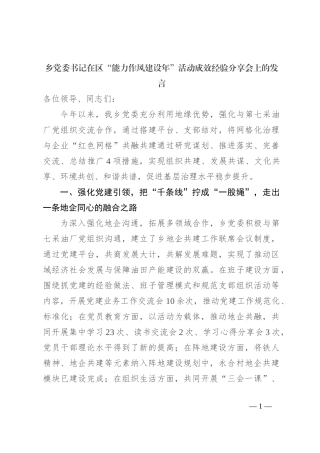乡党委书记在区“能力作风建设年”活动成效经验分享会上的发言