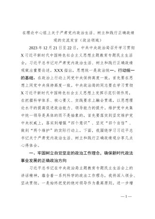在理论中心组上关于严肃党内政治生活、树立和践行正确政绩观的交流发言（政法领域）