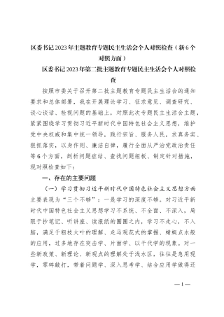 区委书记2023年主题教育专题民主生活会个人对照检查（新6个对照方面）