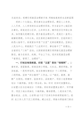交流发言：党建引领基层治理新天地 网格绘就美好生活新蓝图