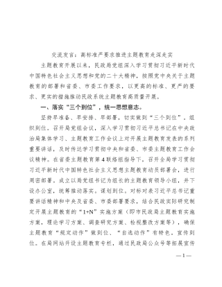 交流发言：高标准 严要求 推进主题教育走深走实