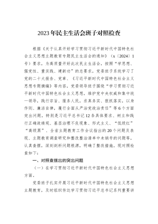 2023年民主生活会班子对照检查