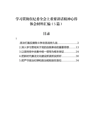 学习贯彻在纪委全会上重要讲话精神心得体会材料汇编（5篇）