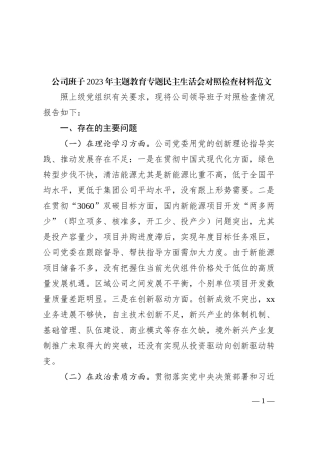【班子对照检查】公司班子2023年主题教育专题民主生活会对照检查材料（企业，检视剖析，发言提纲）