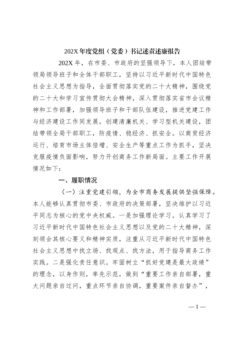 202X年度党组（党委）书记述责述廉报告_第1页