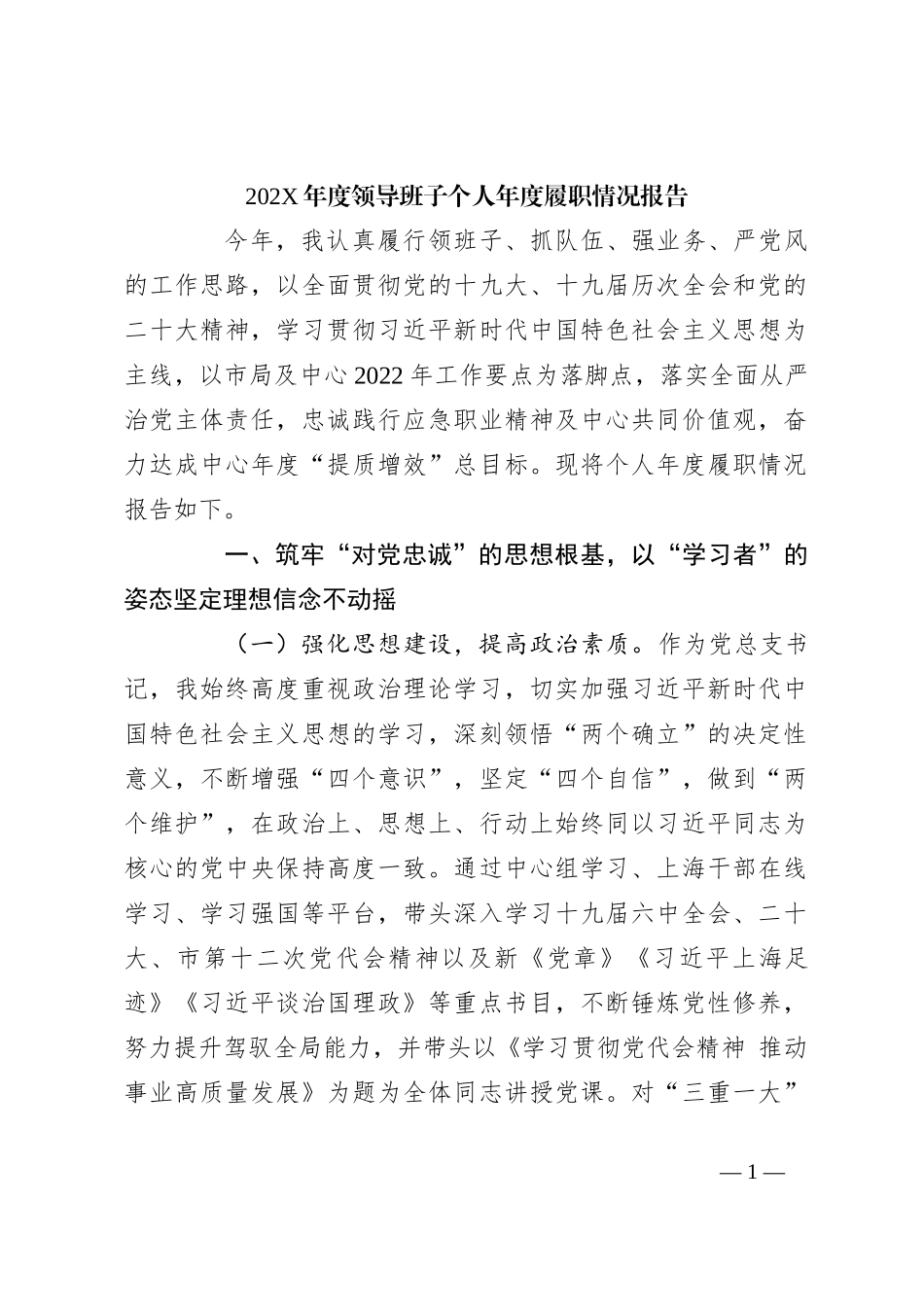 202X年度领导班子个人年度履职情况报告_第1页