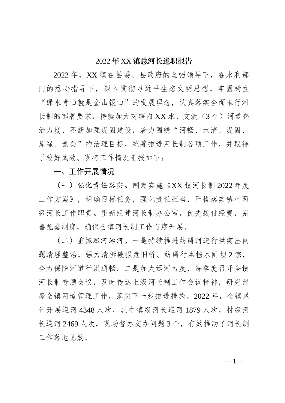 2022年XX镇总河长述职报告_第1页