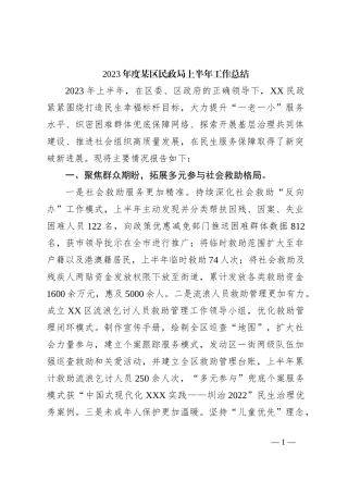 2023年度某区民政局上半年工作总结