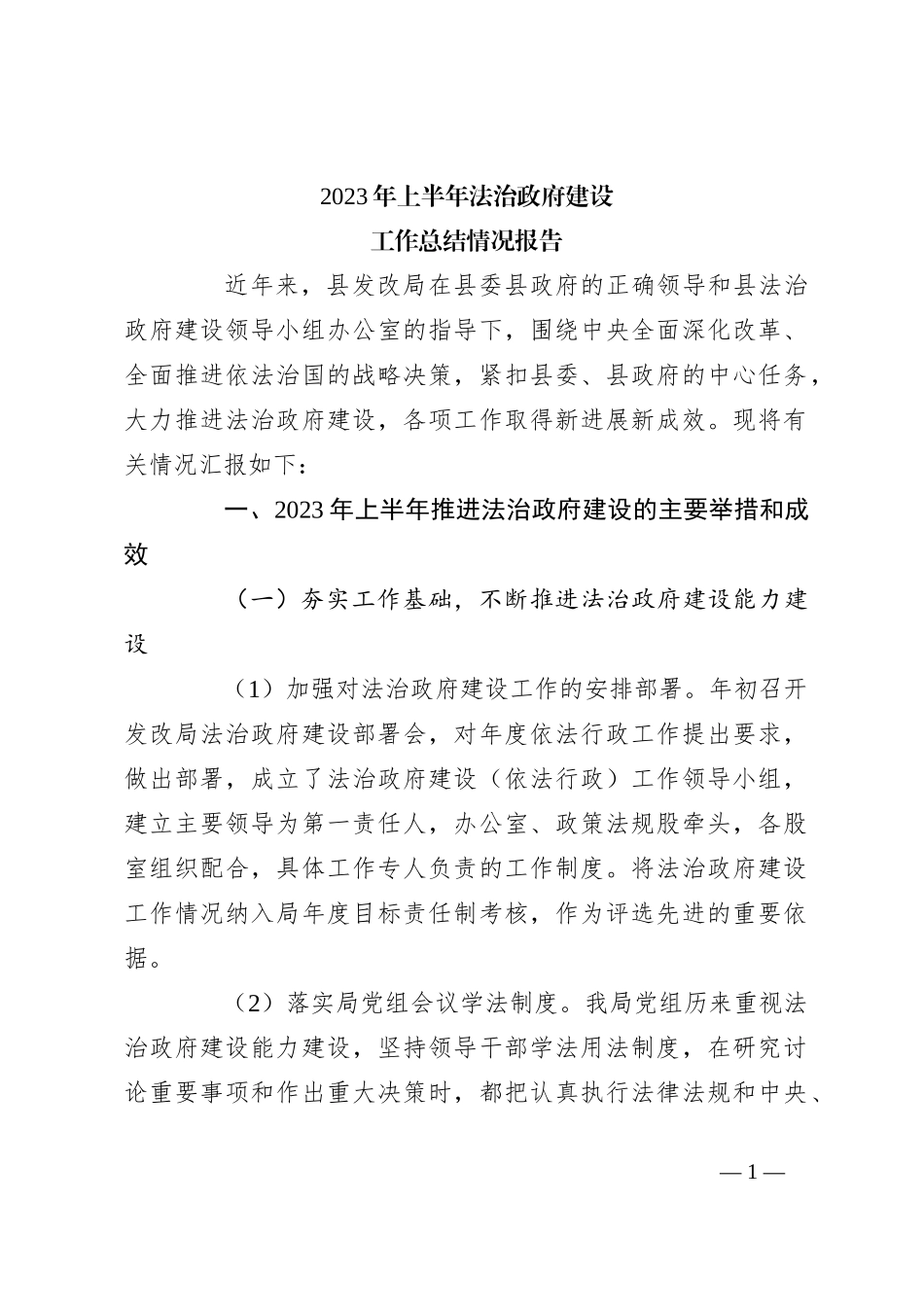 2023年上半年法治政府建设工作总结情况报告_第1页