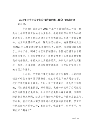 2023年上半年关于在公司营销系统工作会上的讲话稿