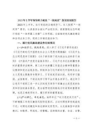 2023年上半年领导班子成员“一岗双责”落实情况报告
