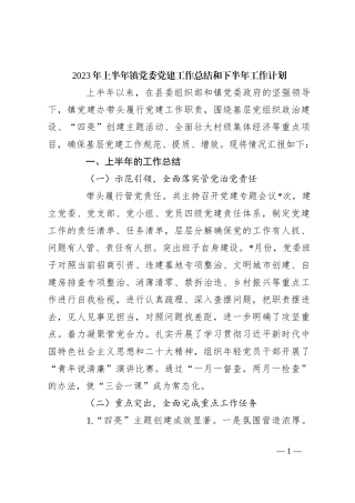 2023年上半年镇党委党建工作总结和下半年工作计划