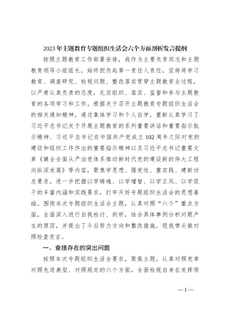 2023年主题教育专题组织生活会六个方面 剖析发言提纲