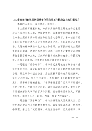 XX市商务局在被巡回指导单位阶段性工作推进会上的汇报发言