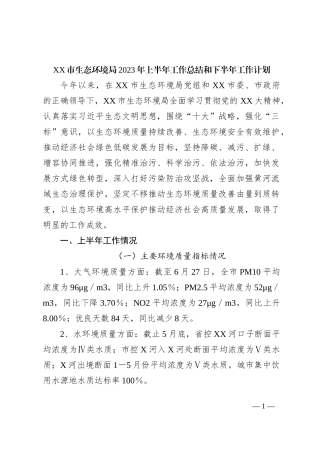 XX市生态环境局2023年上半年工作总结和下半年工作计划