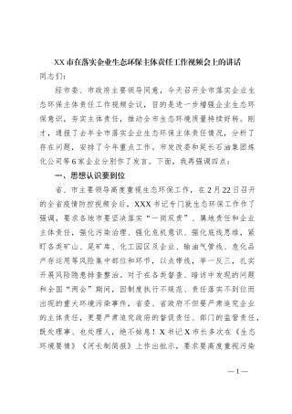 XX市在落实企业生态环保主体责任工作视频会上的讲话
