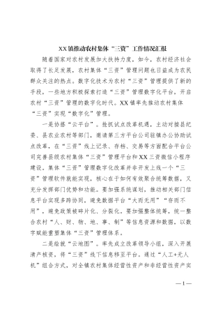 XX镇推动农村集体“三资”工作情况汇报