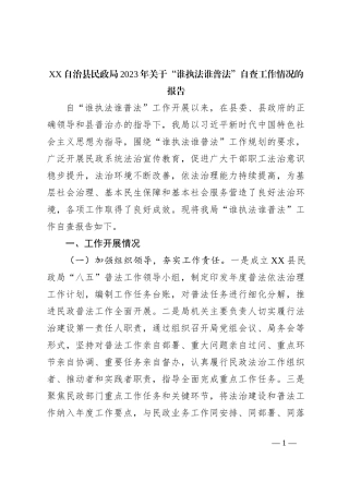 XX自治县民政局2023年关于“谁执法谁普法”自查工作情况的报告