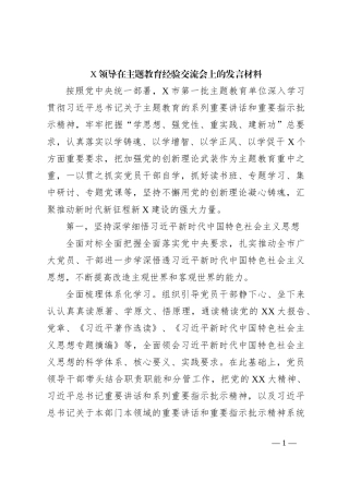 X领导在主题教育经验交流会上的发言材料