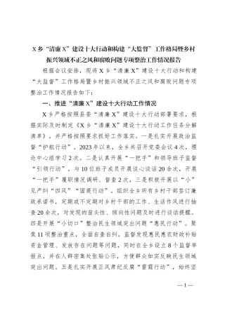 X乡“清廉X”建设十大行动和构建“大监督”工作格局暨乡村振兴领域不正之风和腐败问题专项整治工作情况报告