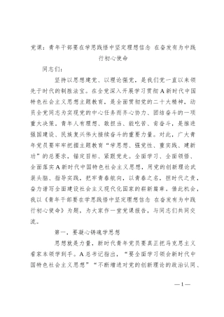 党课：青年干部要在学思践悟中坚定理想信念 在奋发有为中践行初心使命