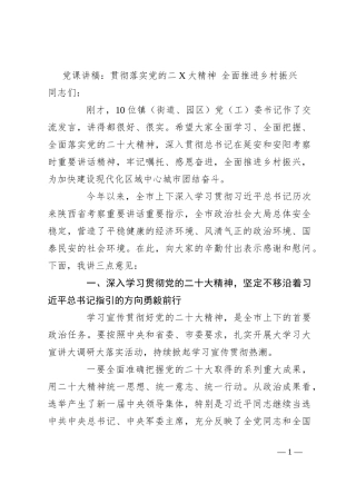 党课讲稿：贯彻落实党的二X大精神 全面推进乡村振兴