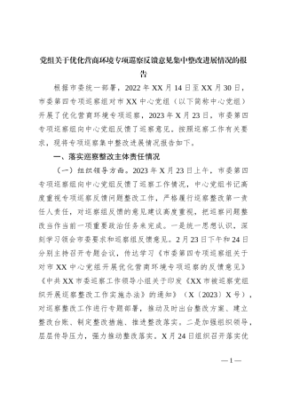 党组关于优化营商环境专项巡察反馈意见集中整改进展情况的报告