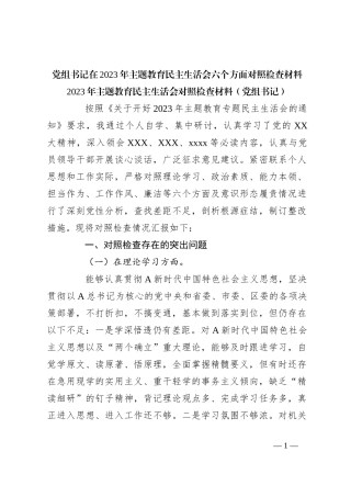 党组书记在2023年主题教育民主生活会六个方面 对照检查材料