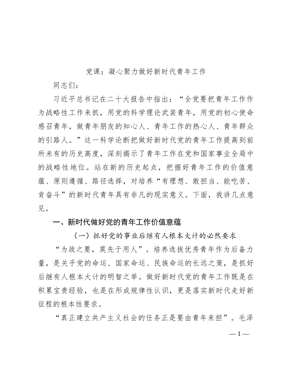 党课：凝心聚力 做好新时代青年工作_第1页