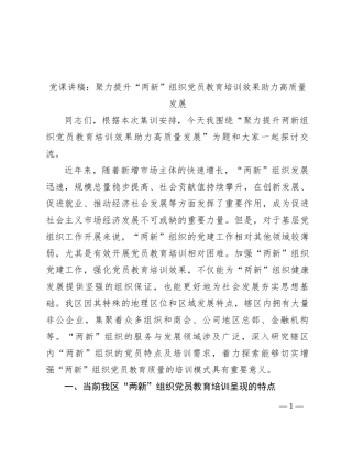 党课讲稿：聚力提升“两新”组织党员教育培训效果 助力高质量发展