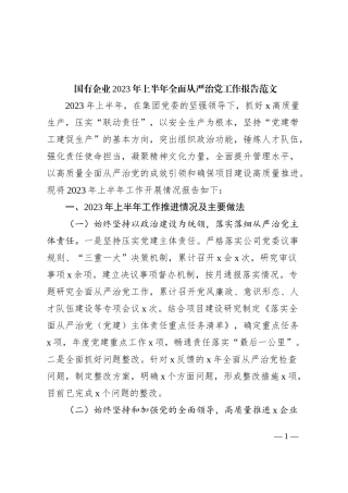 国有企业2023年上半年全面从严治党工作报告（集团公司，汇报总结）