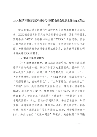 XXX镇学习贯彻习近平新时代中国特色社会思想主题教育工作总结
