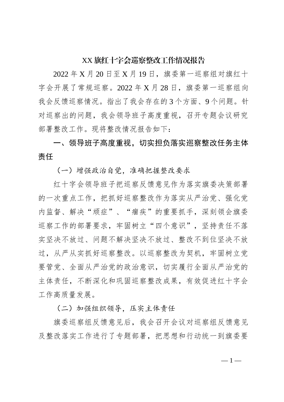XX旗红十字会巡察整改工作情况报告_第1页