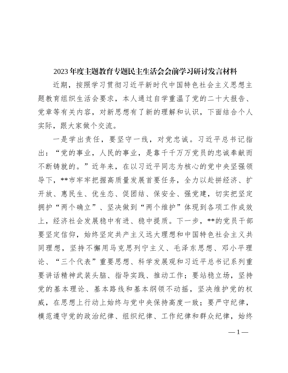 2023年度主题教育专题民主生活会会前学习研讨发言材料 (2)_第1页