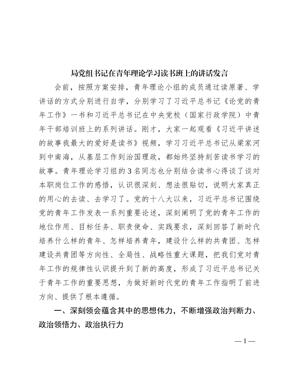 局党组书记在青年理论学习读书班上的讲话发言_第1页