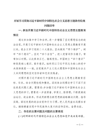 开展学习贯彻习近平新时代中国特色社会主义思想主题教育检视问题清单