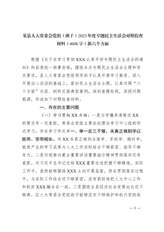 某县人大常委会党组（班子）2023年度专题民主生活会对照检查材料（新六个方面