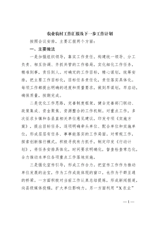农业农村工作汇报及下一步工作计划