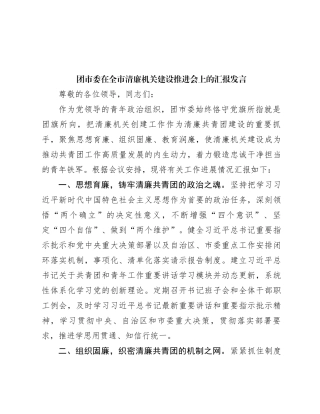 团市委在全市清廉机关建设推进会上的汇报发言