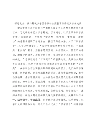 研讨发言：凝心铸魂 以学促干 推动主题教育取得实实在在成效【优】