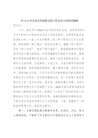 在2024年全市宣传思想文化工作会议上的讲话提纲