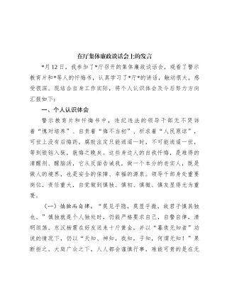 在厅集体廉政谈话会上的发言