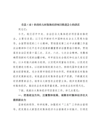 在县（市）扶持壮大村集体经济项目推进会上的讲话【优】