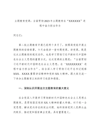 主题教育党课：全面贯彻2023年主题教育在“XXXXXX”进程中奋力担当作为