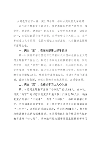 主题教育发言材料：突出四个字，推动主题教育走深走实