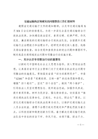 交通运输执法领域突出问题整治工作汇报材料