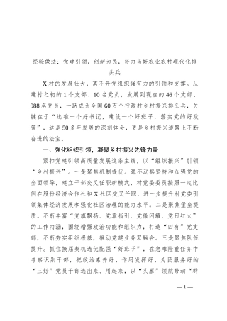 经验做法：党建引领，创新为民，努力当好农业农村现代化排头兵