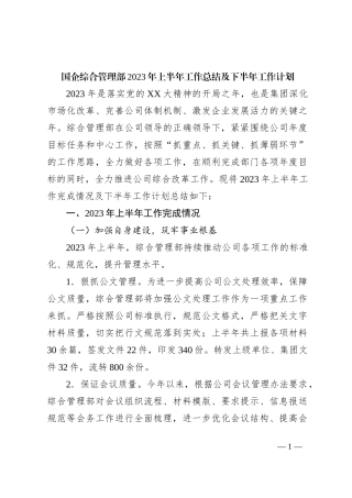 国企综合管理部2023年上半年工作总结及下半年工作计划